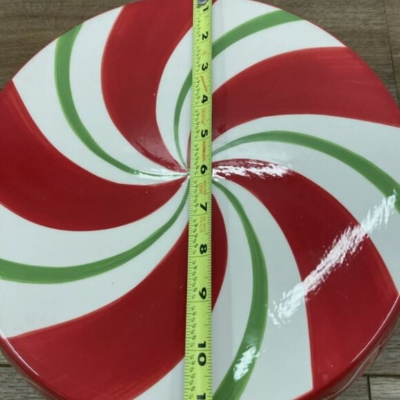 Red Peppermint Swirl Footed Cake Stand Plate Pedestal Chip & Dip Bowl - Picture 5 of 6